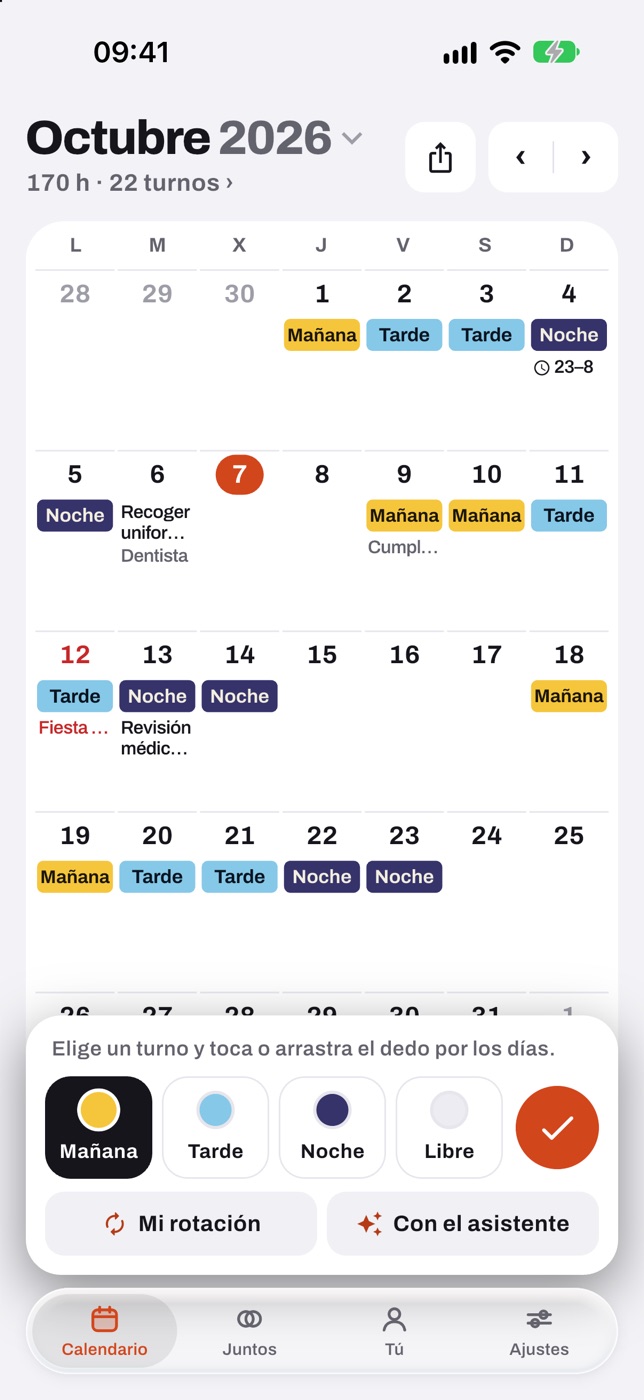 Modo pintar: abajo los turnos Mañana, Tarde, Noche y Libre para tocar o arrastrar por los días, con los botones Mi rotación y Con el asistente.